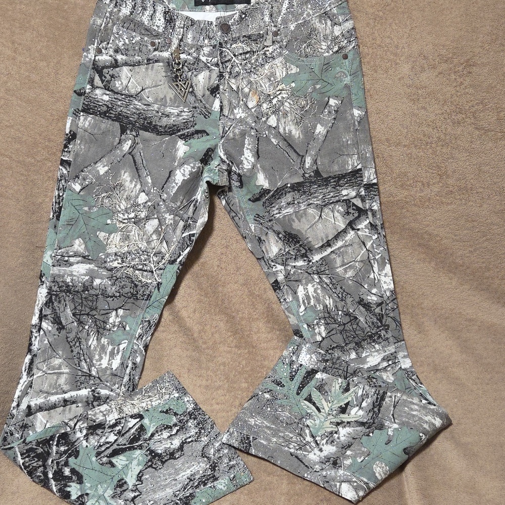 Valabasas Silver Embellished Men Camouflage Flare Jeans Size 30